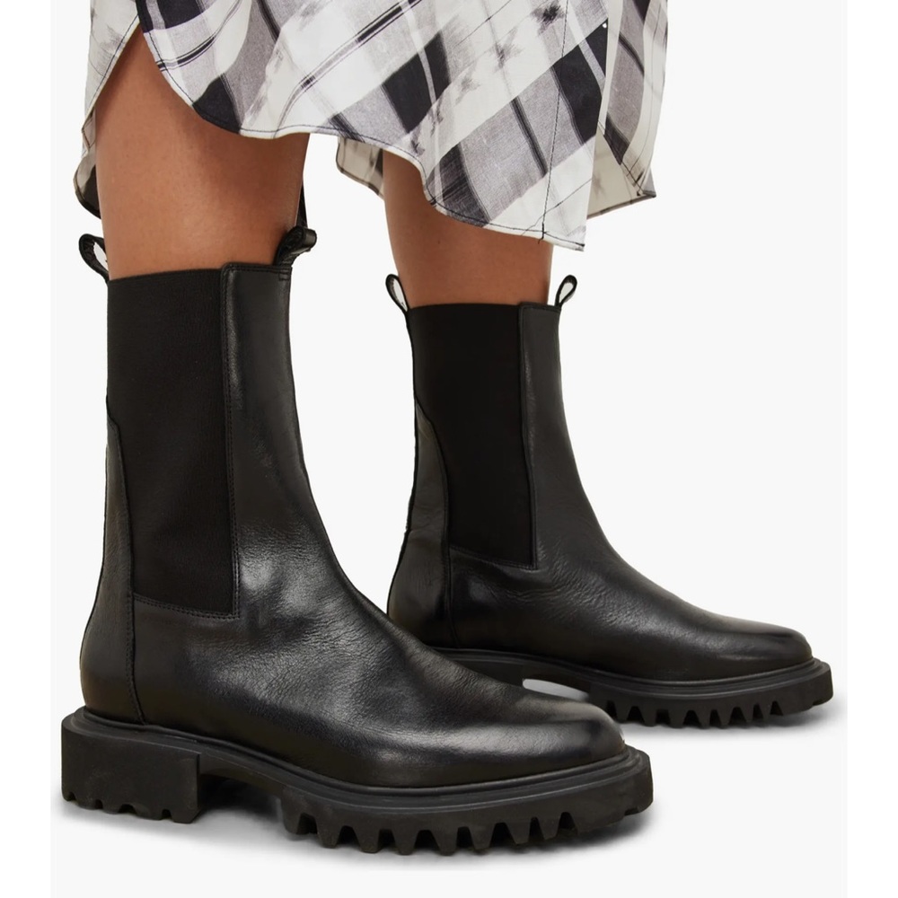 All Saints Hallie Black Leather Lug Sole Chelsea Boots